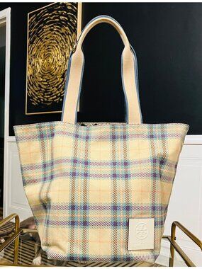 NEED EBAY 1 Authentic Tory Burch Plaid and Logo Reversable Carryall Shoulder Bag
